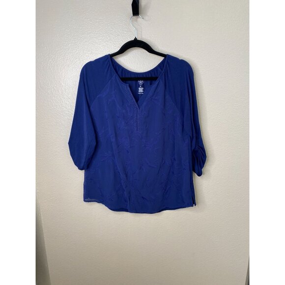 St Johns Bay Womens 3/4 Sleeve Embroidered Blouse M Relaxed Fit Blue Polyester - Picture 1 of 6